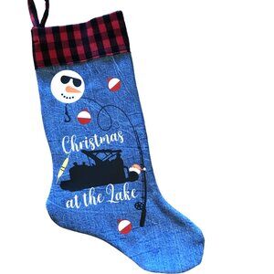 Denim Christmas Stocking: Lake House Fishing Decor, Pontoon Boat, Snowman